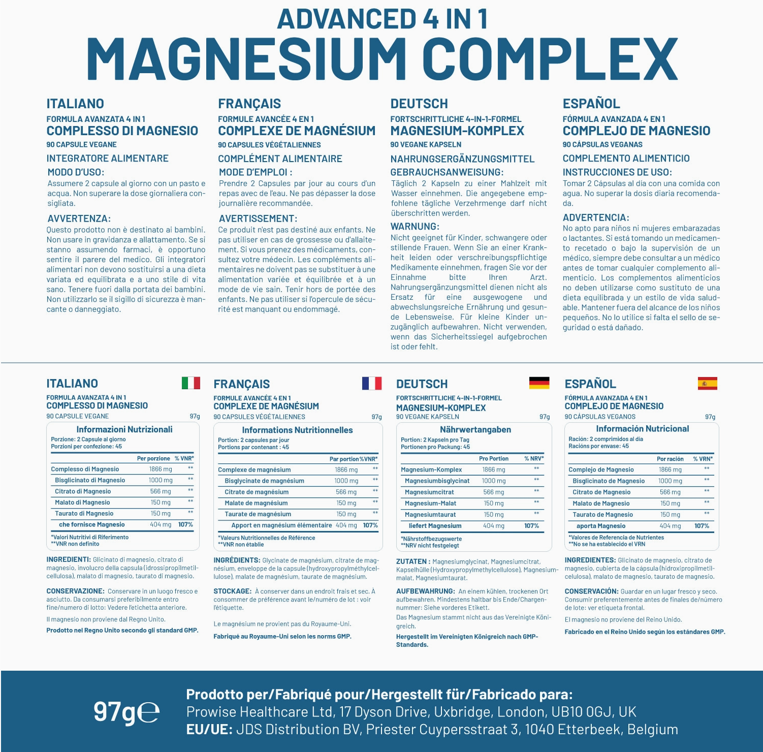 Magnesium Glycinate Complex 4 in 1 - 1866mg 90 Vegan Capsule